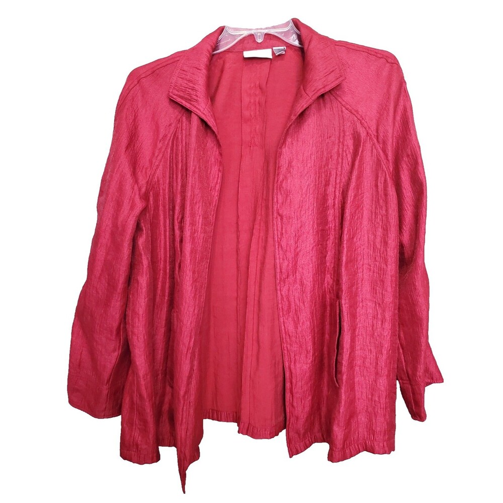 Chico's Red Crinkle Shiny Open Front Long Sleeve Slash Pocket Blazer Size 2 (L)